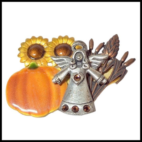 Vintage KC Fall‎ Harvest Angel Pin With Pumpkins Sunflowers and Cat Tails - Picture 1 of 12